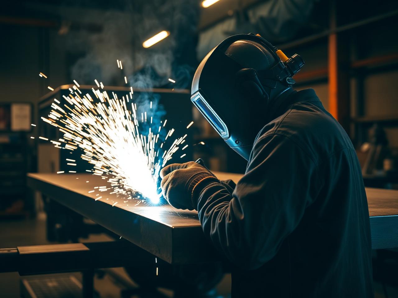 Welder fabricating a custom truck flatbed