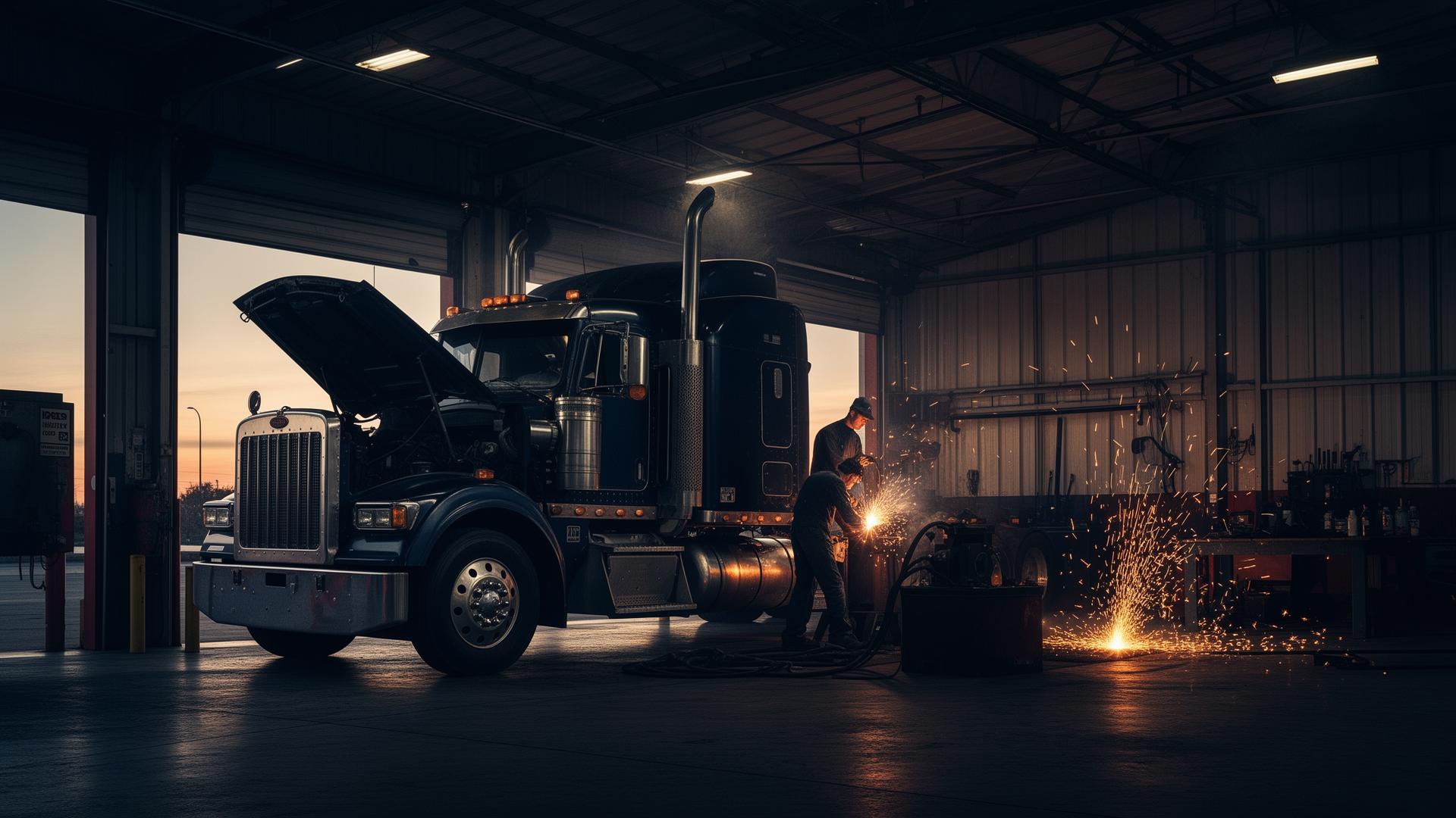 Heavy-duty diesel repair shop with semi truck and welding work